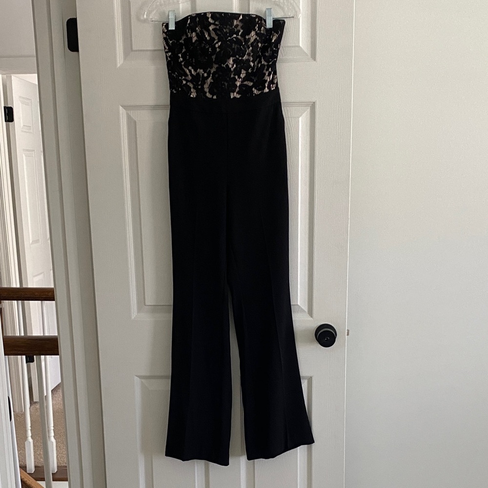 White House Black Market Black and Cream Lace Strapless Jumpsuit